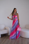 Abito lungo Fuxia azzurro lilla  con incrocio