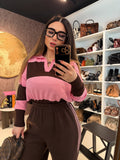 Maglione a righe rosa marrone