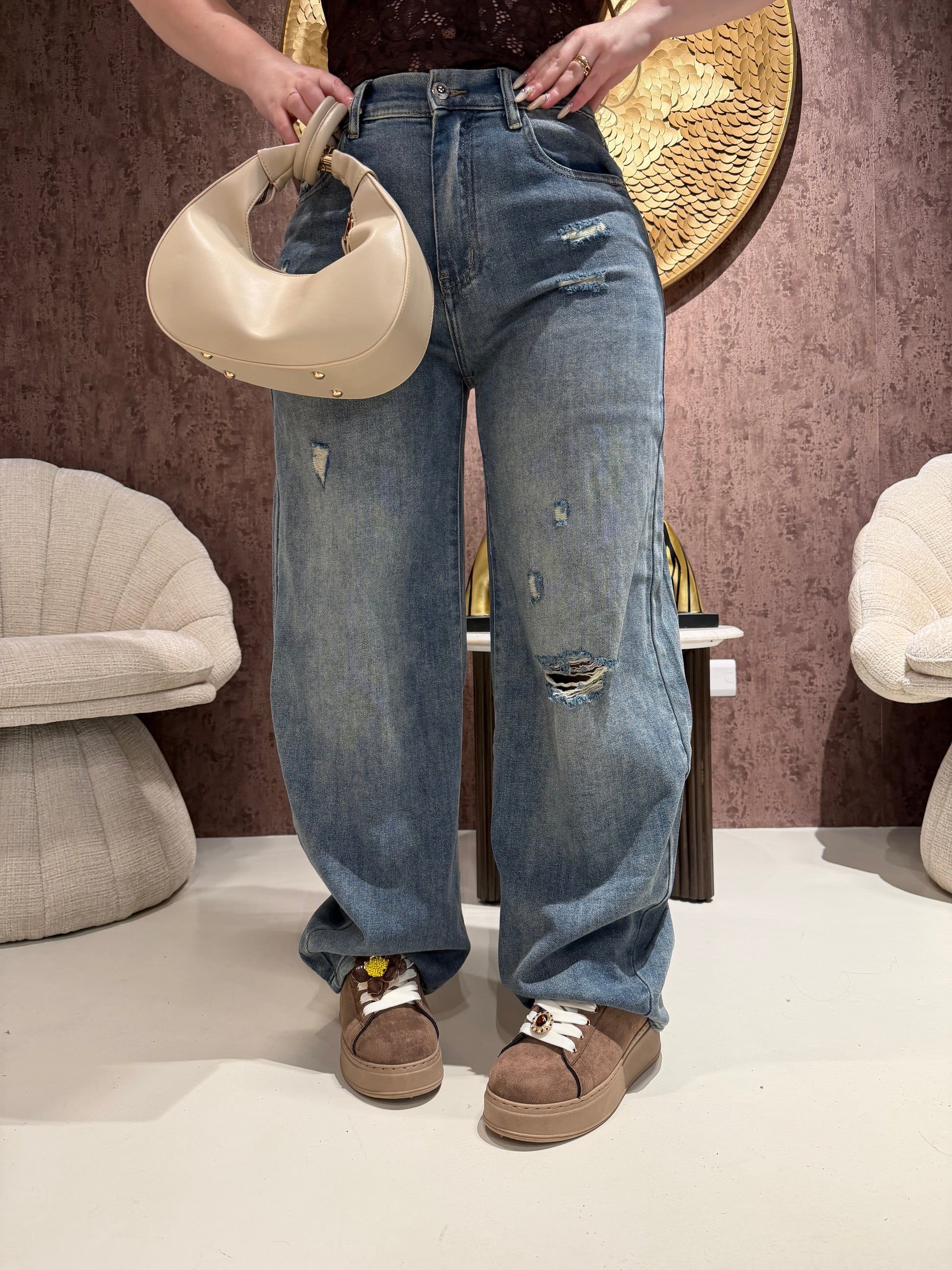 Jeans con Strappi e elastico