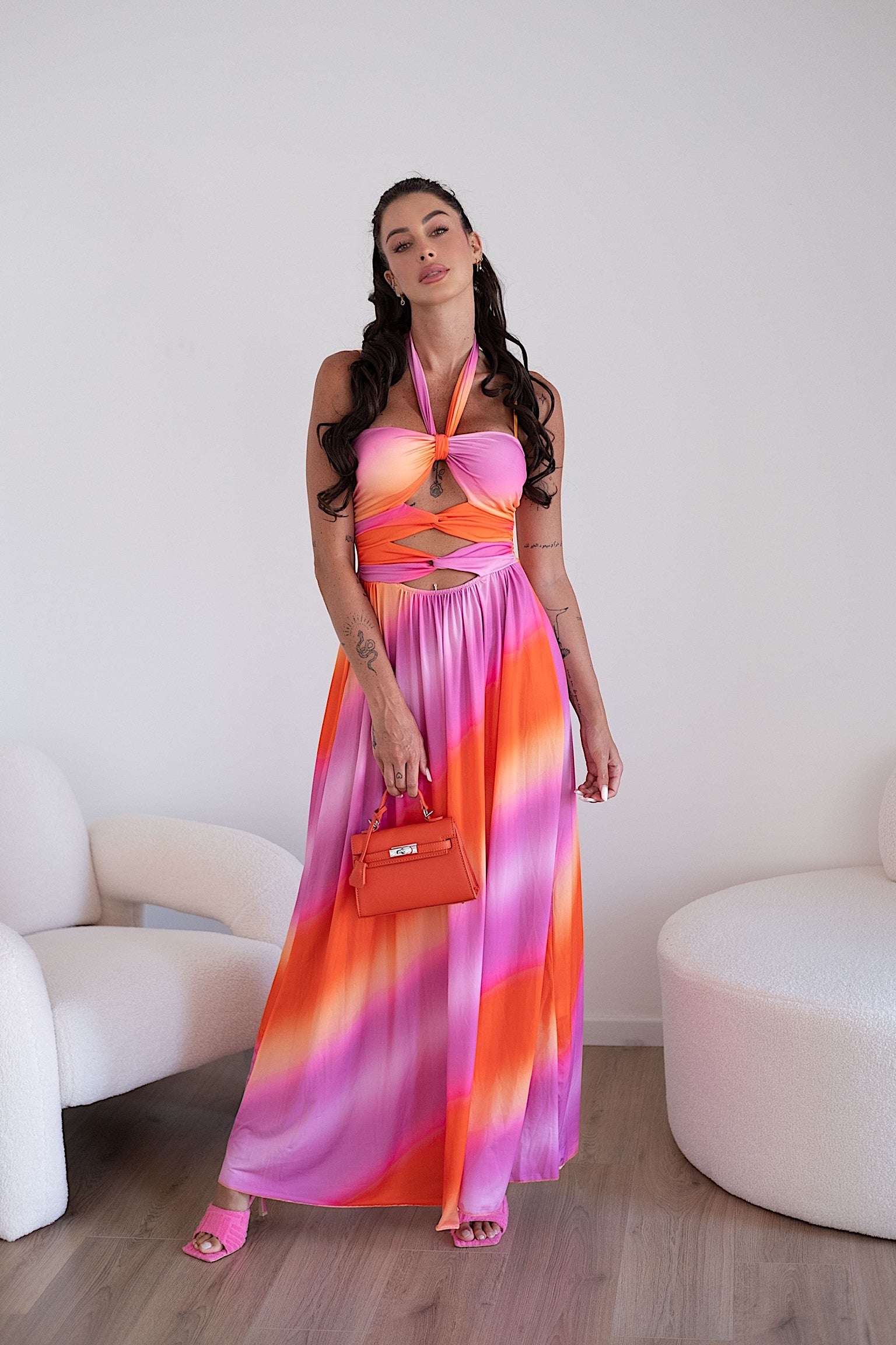 Abito lungo Fuxia arancio con incrocio