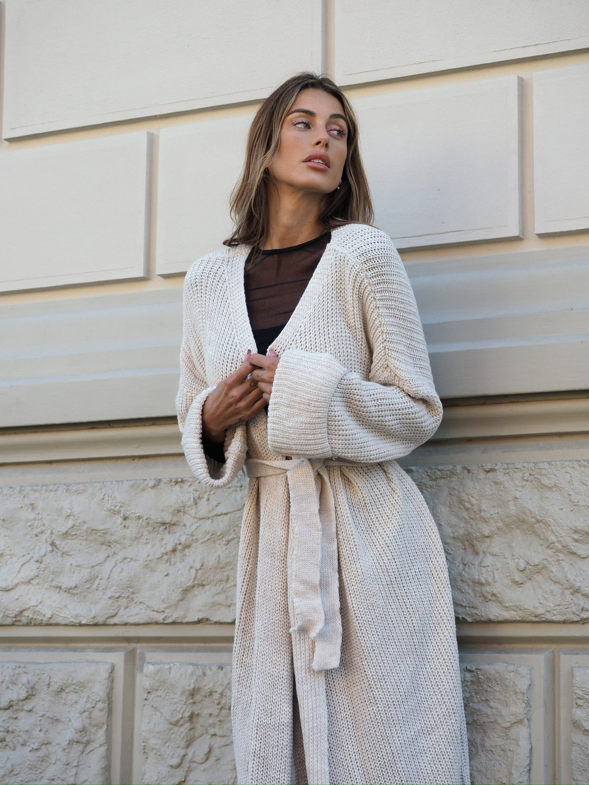 Maxi cardigan beige con frange