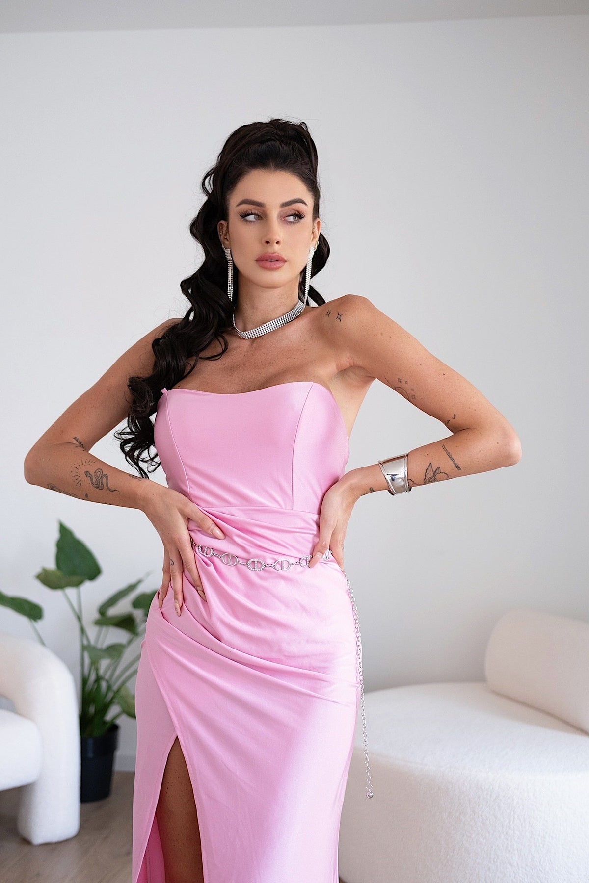 Abito a sirena con push up e incrocio rosa bubble