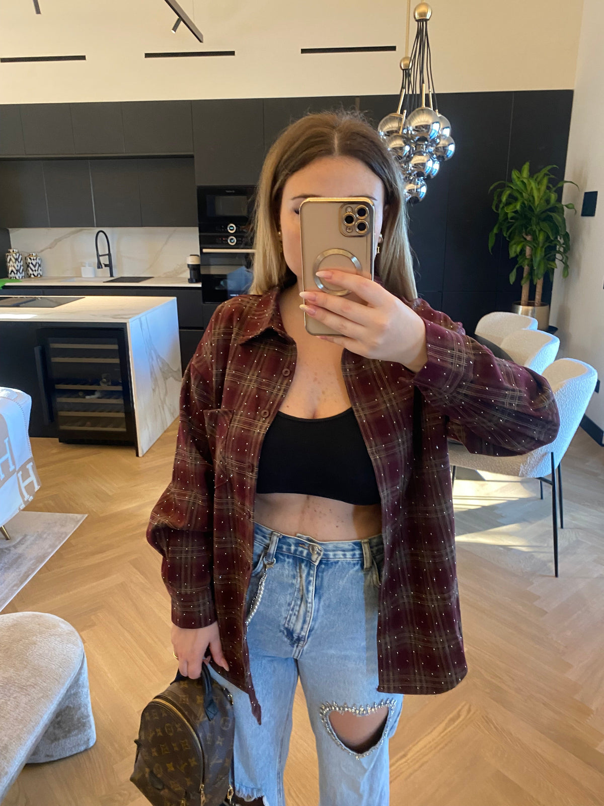 Camicia check burgundy con strass