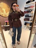 Giacca in camoscio con frange e strass marrone