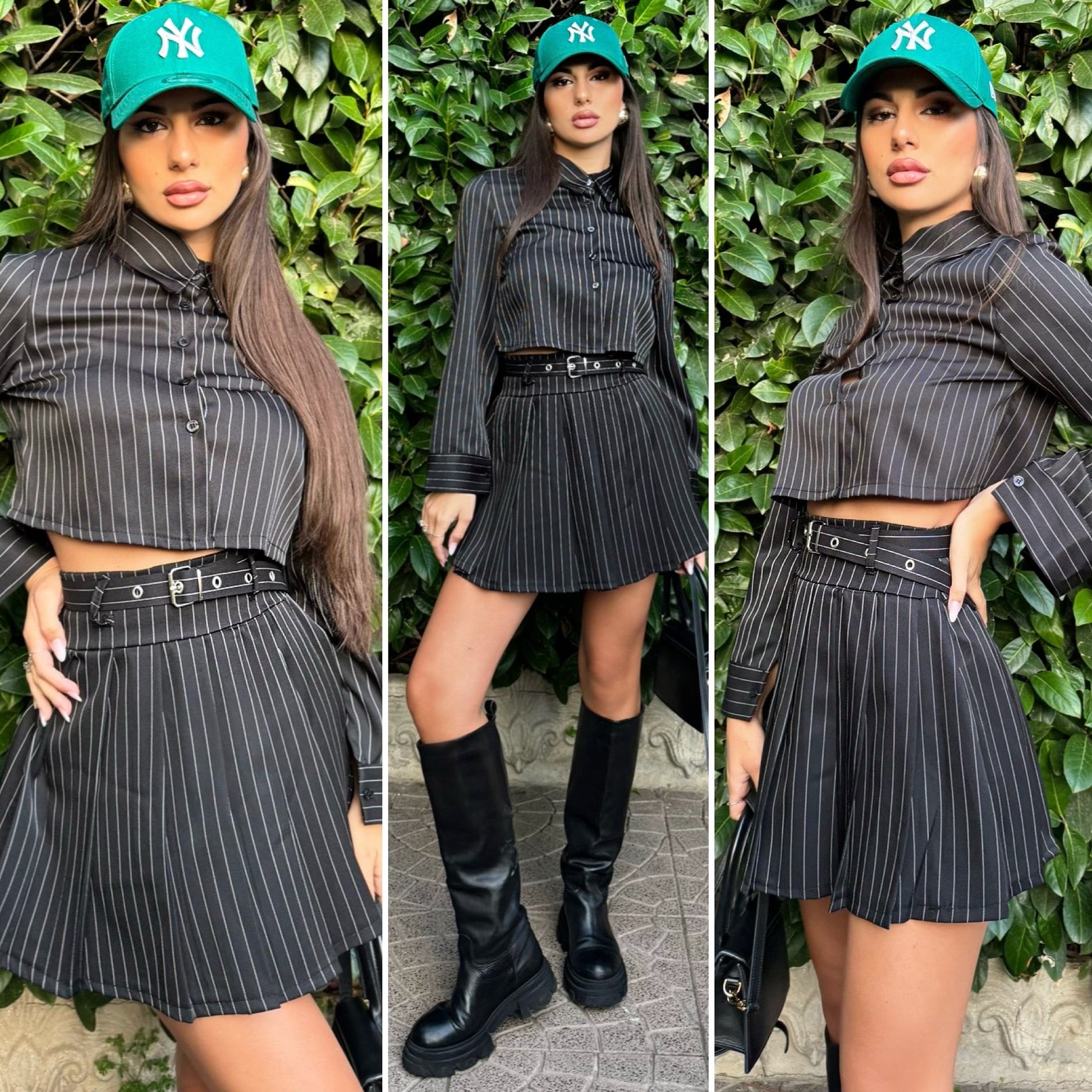Completo camicia e gonna gessato nero