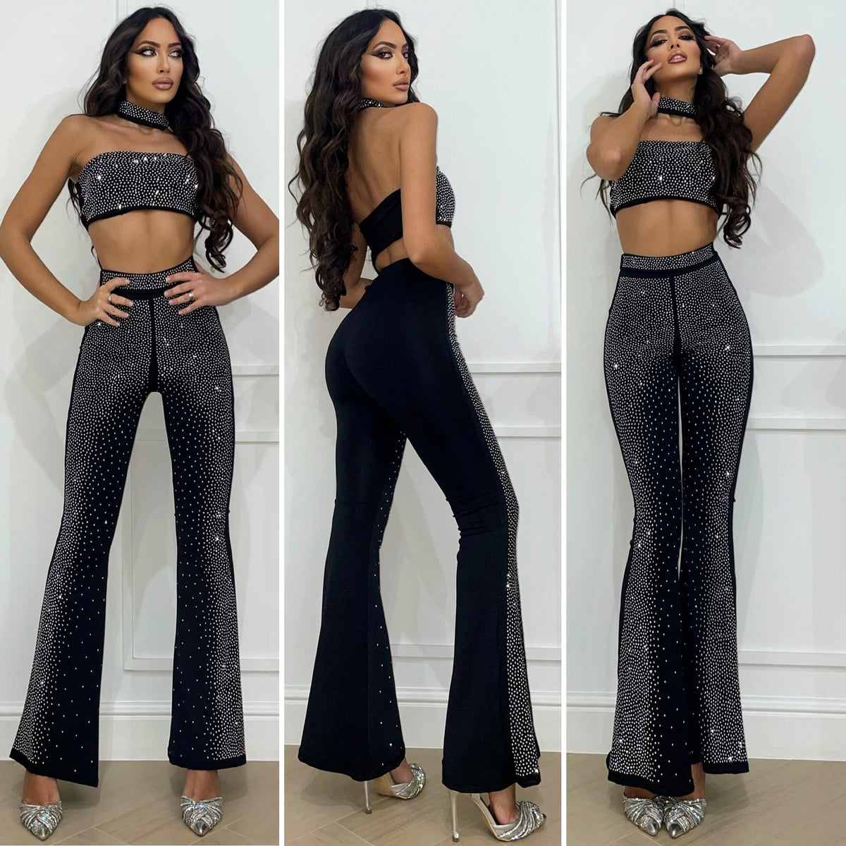 Due pezzi con strass top e pantalone