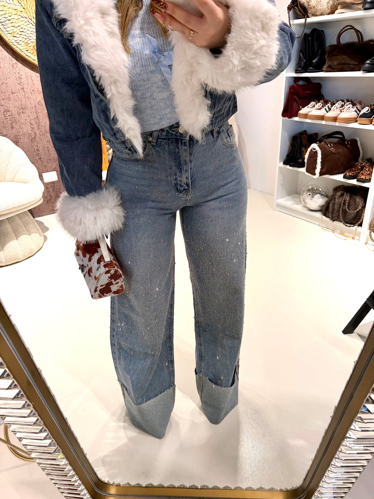 Jeans con risvolto e strass