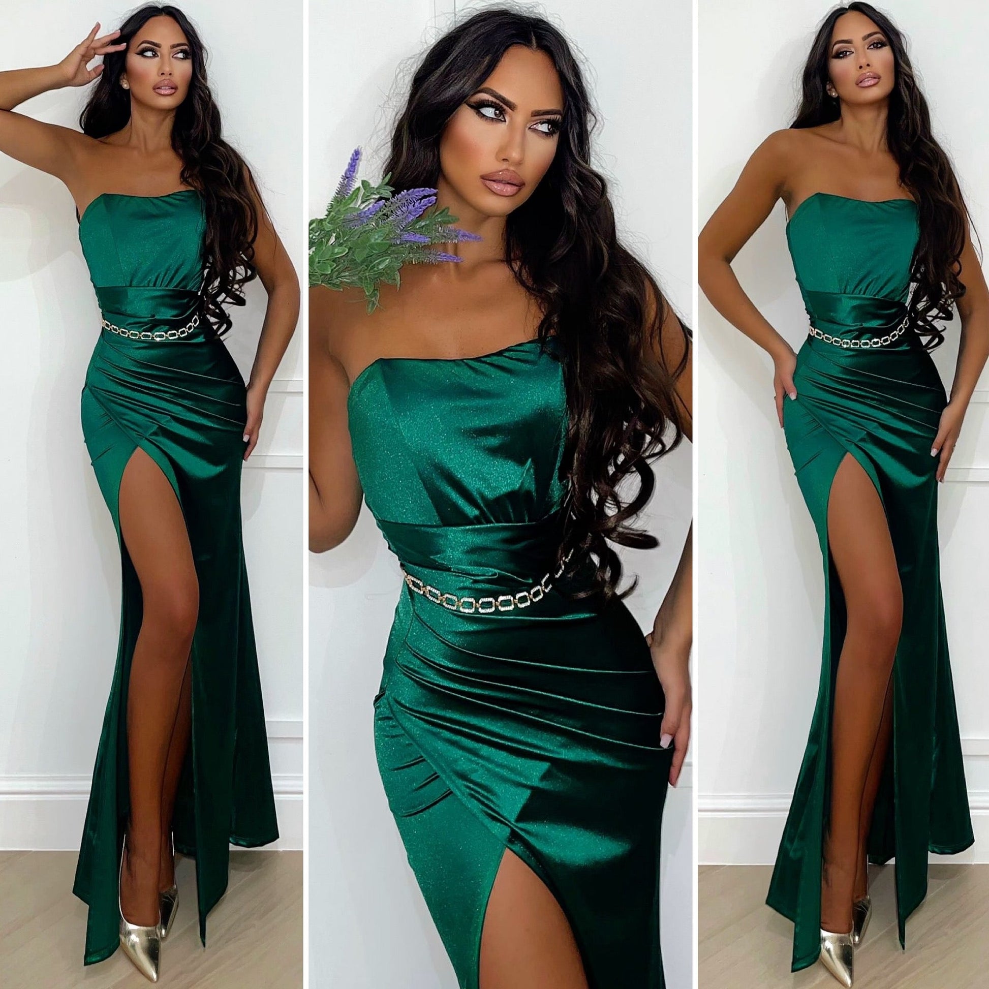 Abito a sirena con push up e incrocio verde