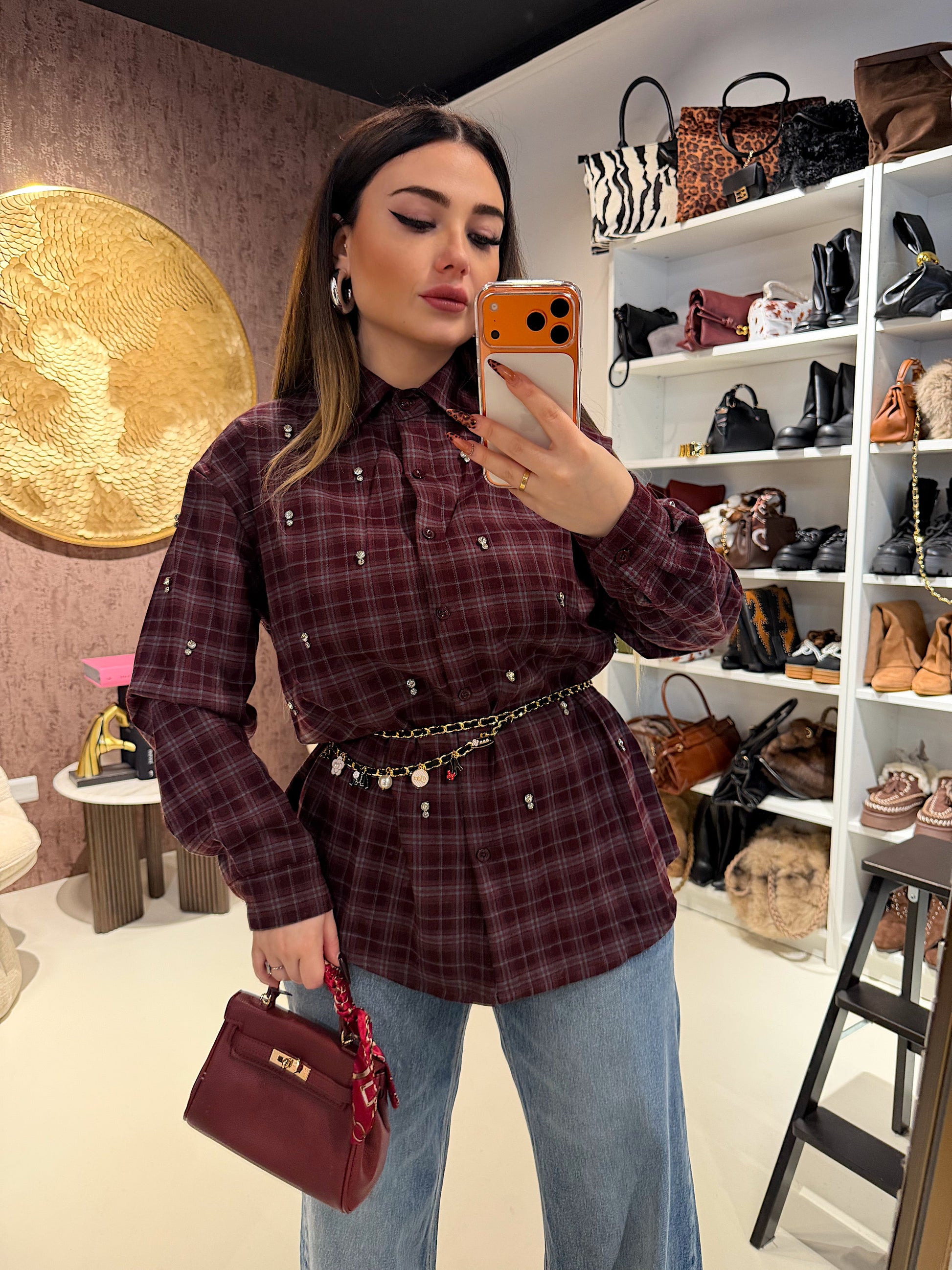 Camicia a quadri bordeaux con strass