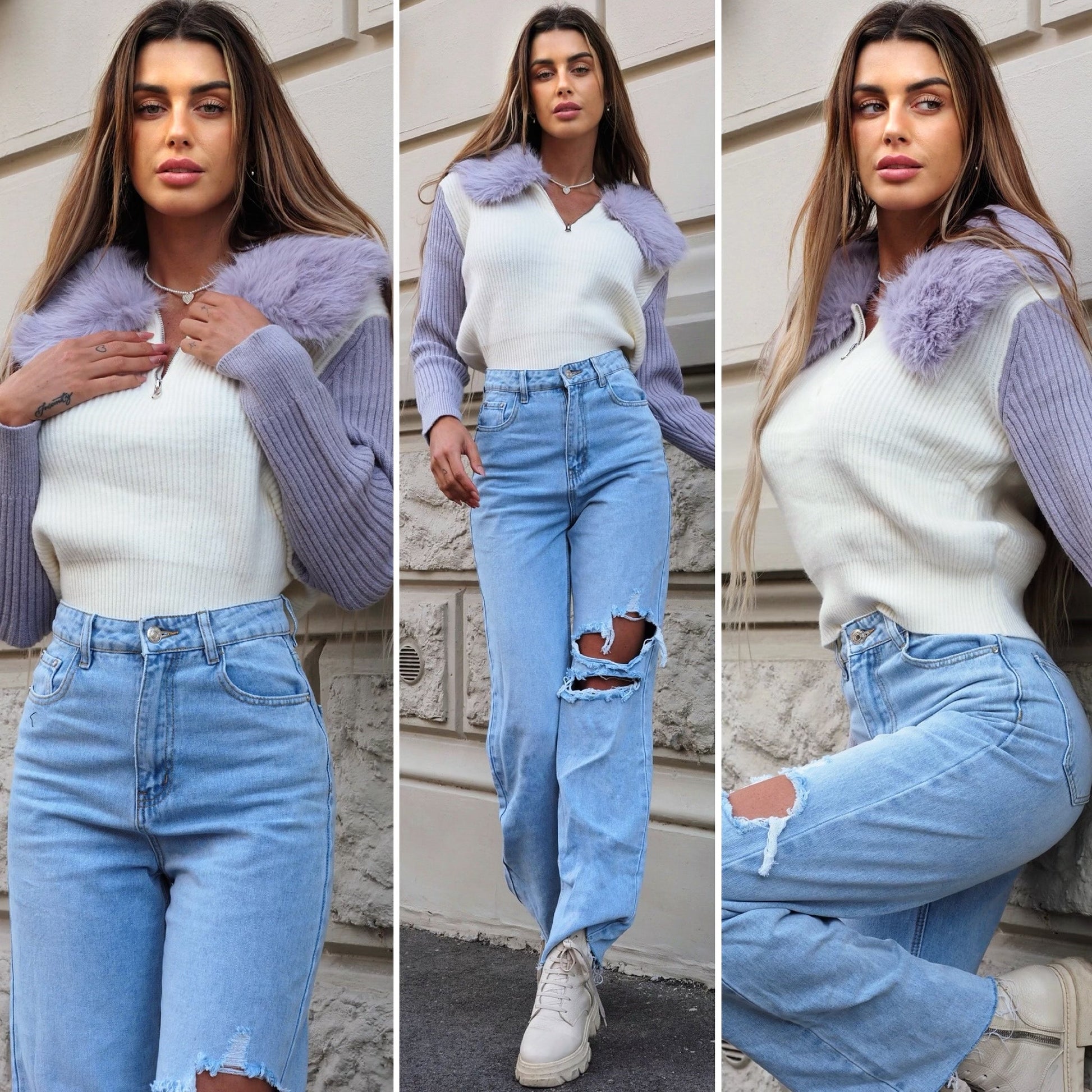 Maglione con zip e dettagli lilla