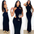 Abito lungo nero con choker e apertura laterale
