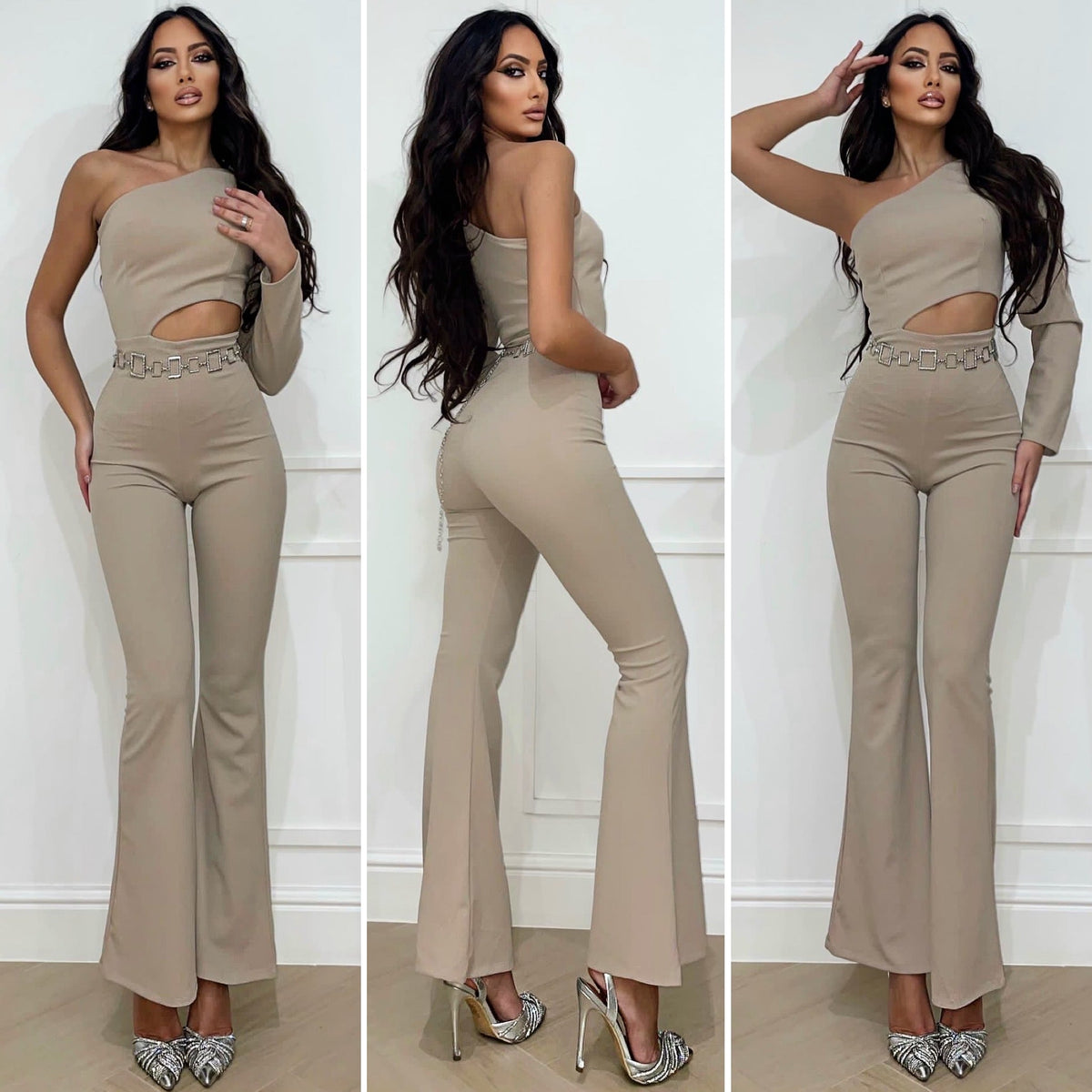 Tuta monospalla beige con oblò