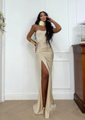 Abito a sirena con push up e incrocio beige