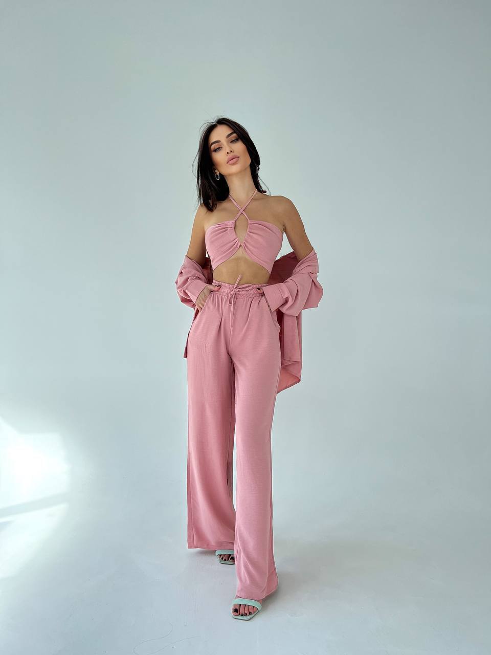 Set tre pezzi camicia top e pantalone rosa