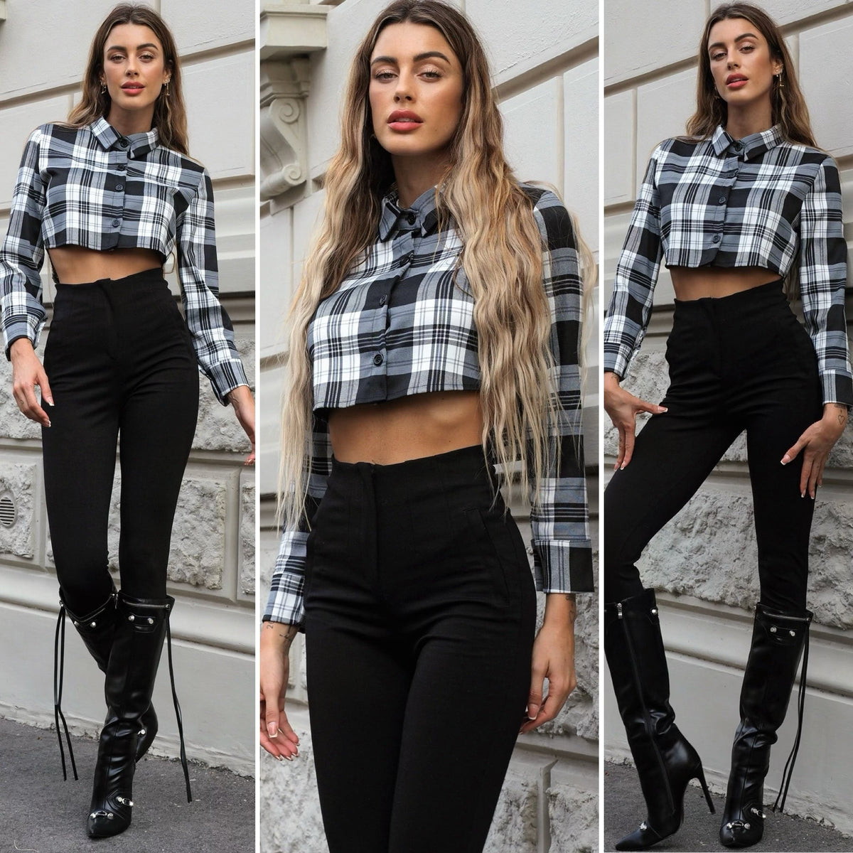 Camicia crop a quadri bianco nero grandi