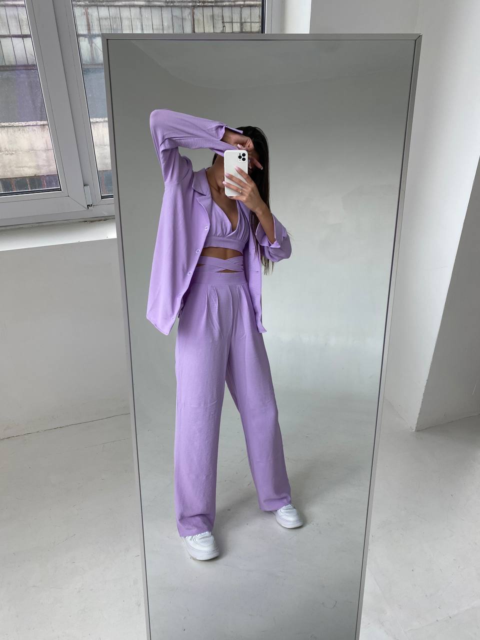 Set tre pezzi camicia top e pantalone lilla