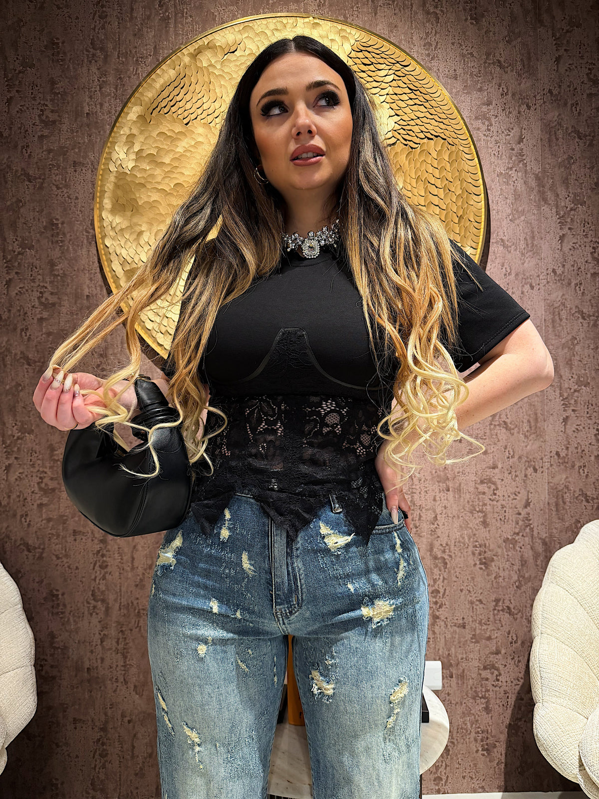 T-Shirt Corsetto con coppe in Pizzo con lacci posteriori