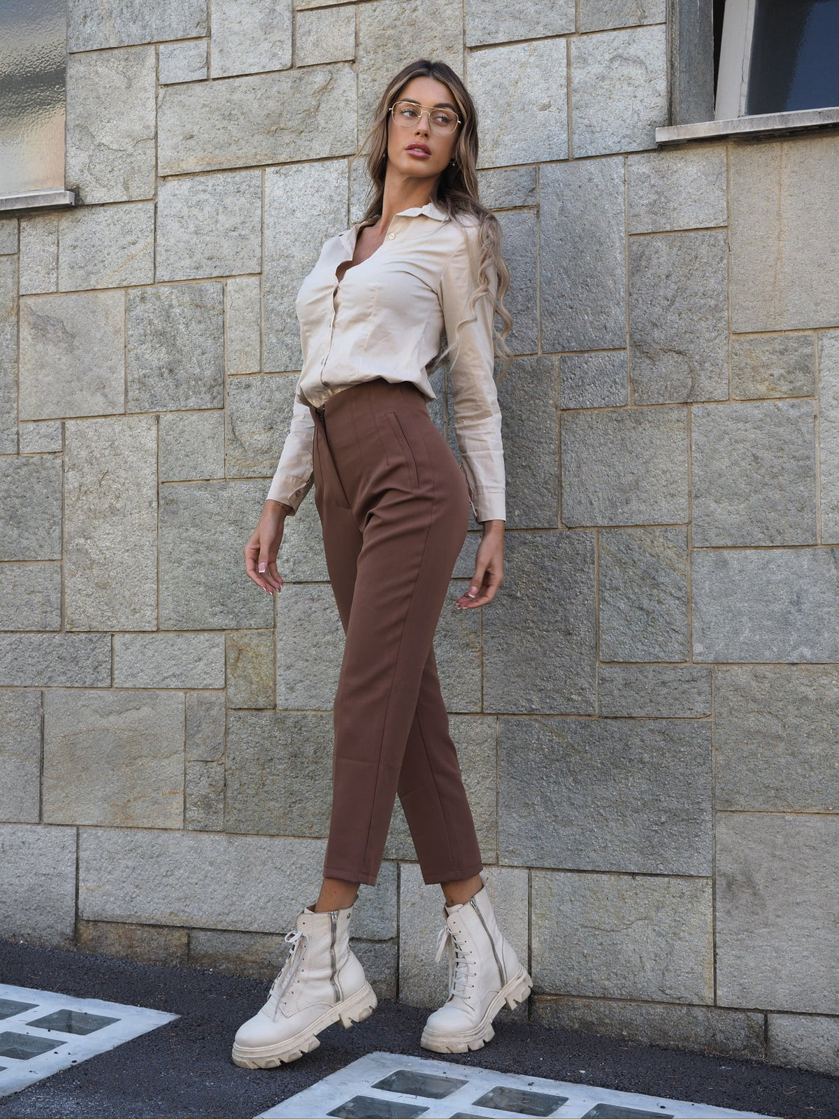 Pantalone vita alta choco