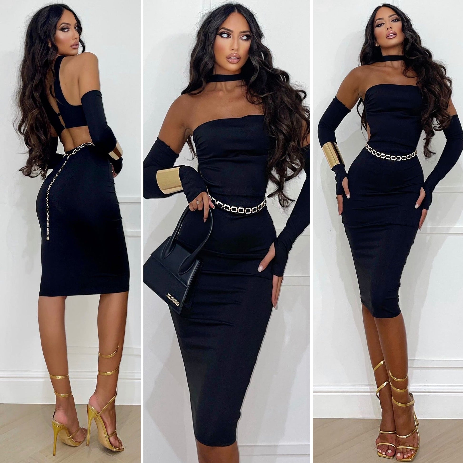 Abito midi nero con choker e manicotti