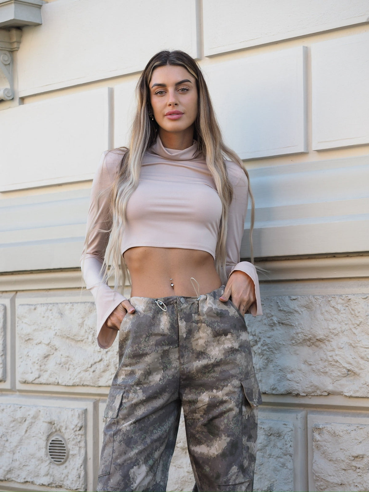 Pantalone cargo military beige