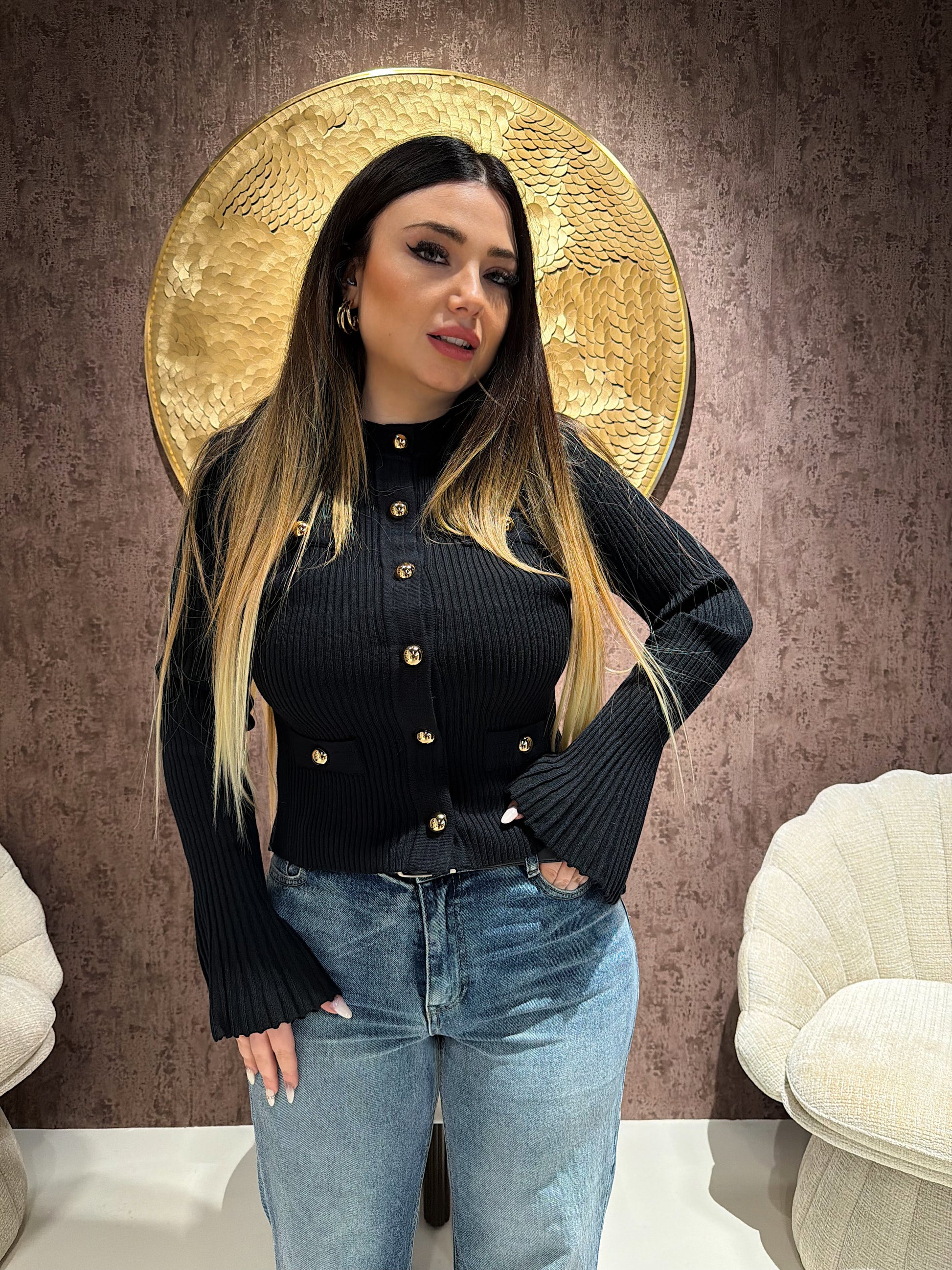 Cardigan Gold Button manica ampia