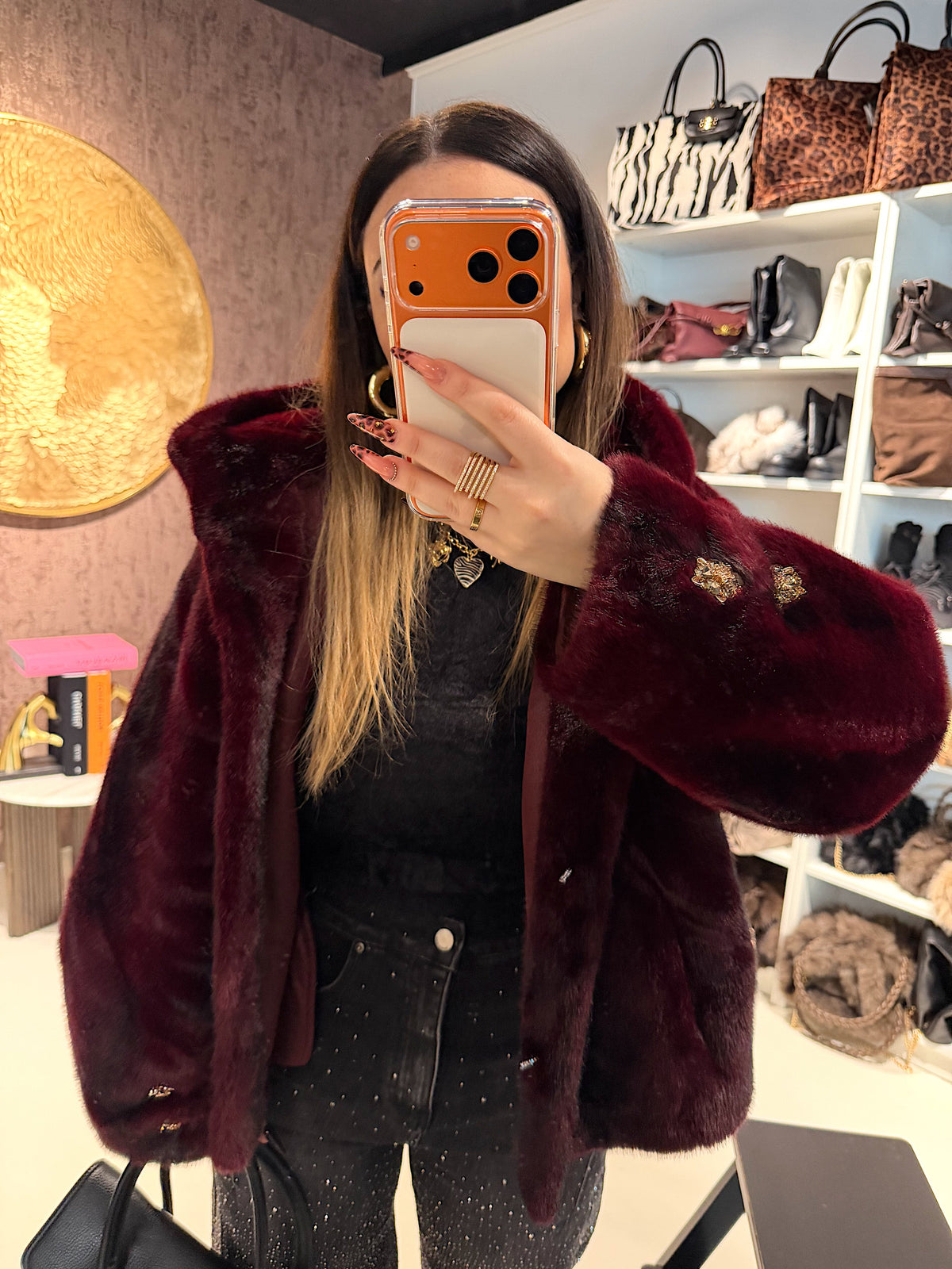 Giacca Pelliccia Elegance bordeaux e marrone