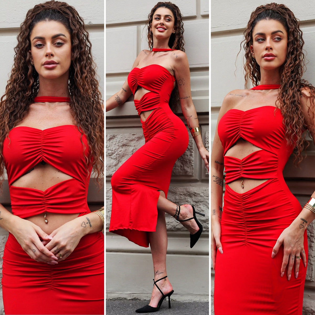 Abito rosso a fasce con choker