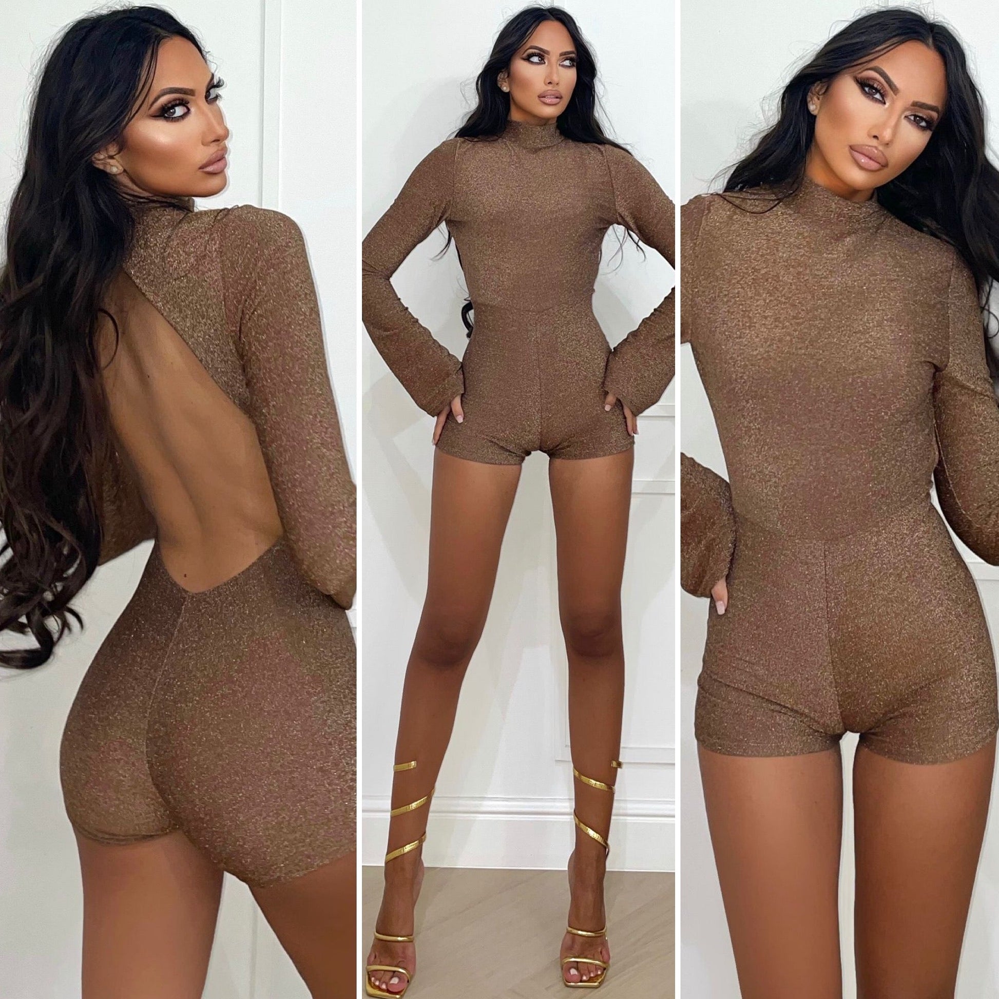 Tutina glitter schiena aperta bronzo