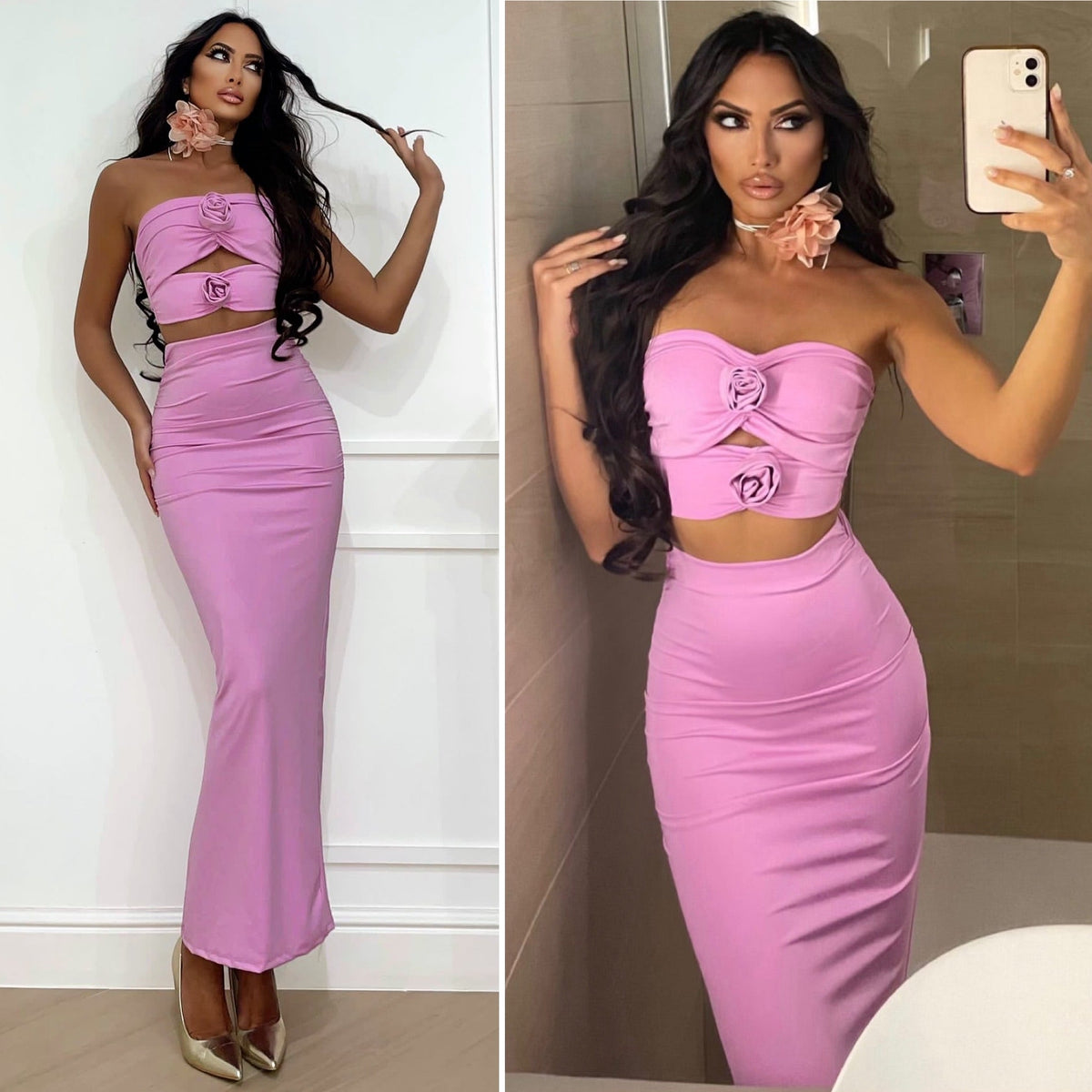 Completo top e gonna con rose rosa barbie