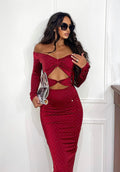 Abito lungo a fasce e strass burgundy