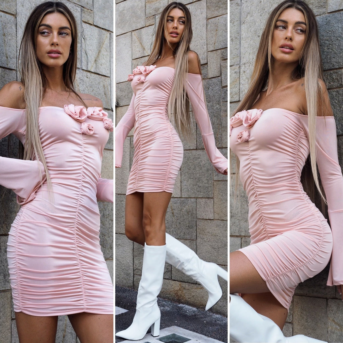 Abito con rose scollo a barca rosa