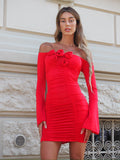 Abito con rose scollo a barca rosso