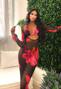 Bikini floreale tre pezzi con pareo lungo nero