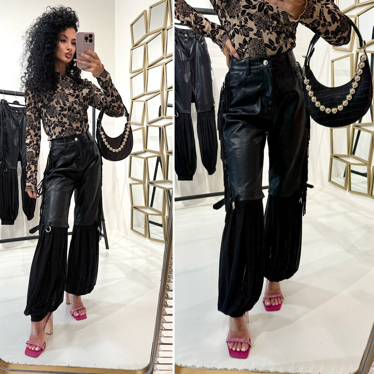 Pantalone in ecopelle con frange