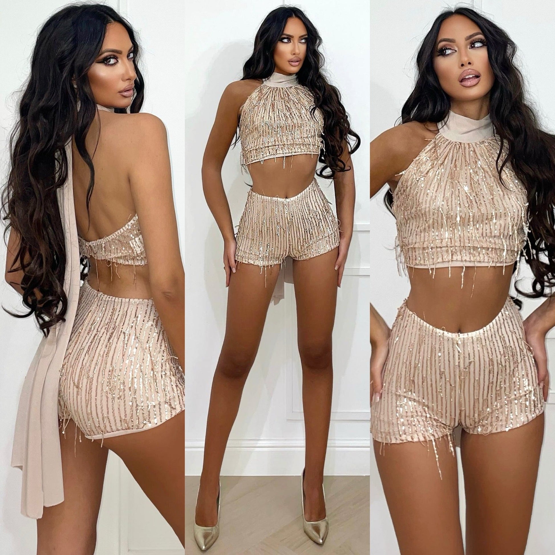 Short con frange rose gold