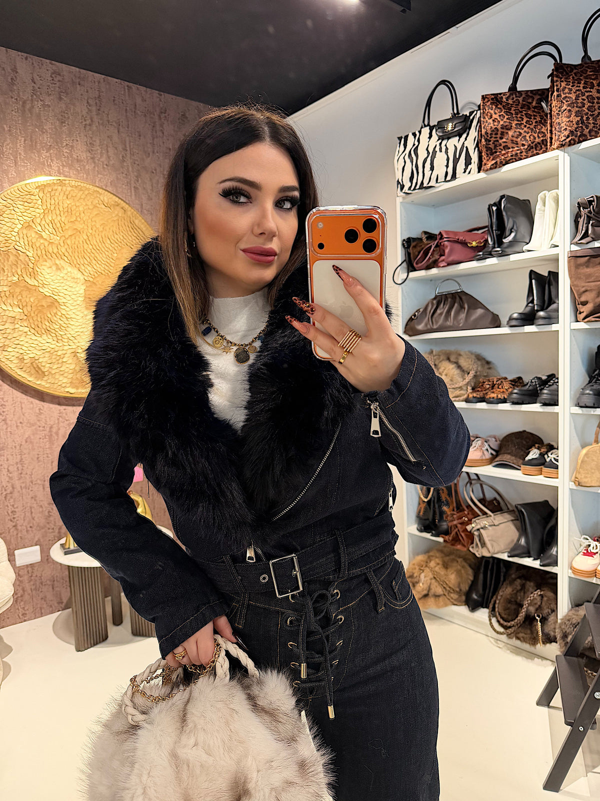 Giacca Denim Luxury Fur Navy
