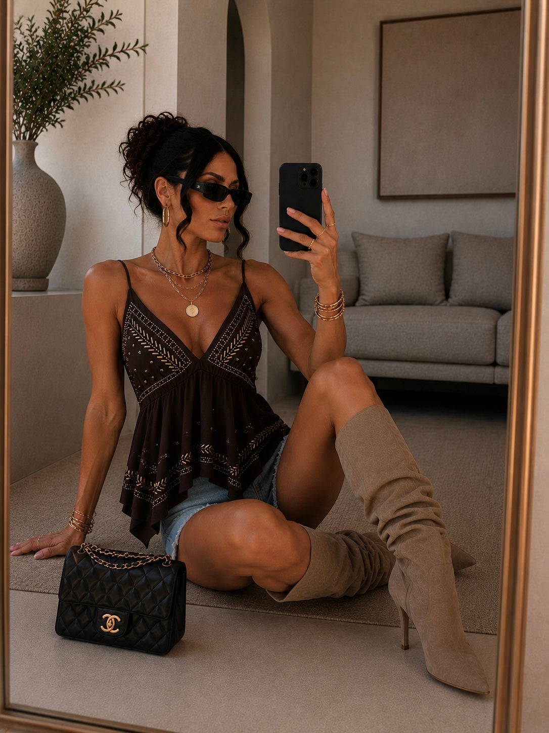 Top marrone con borchie e ricami geometrici