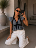 Top vichy con volant e fiocco bianco e blu
