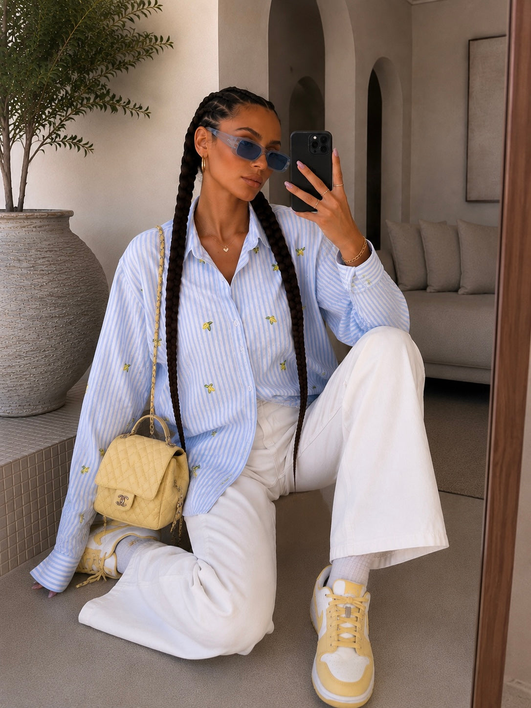 Camicia a Righe Celesti con Limoni Ricamati