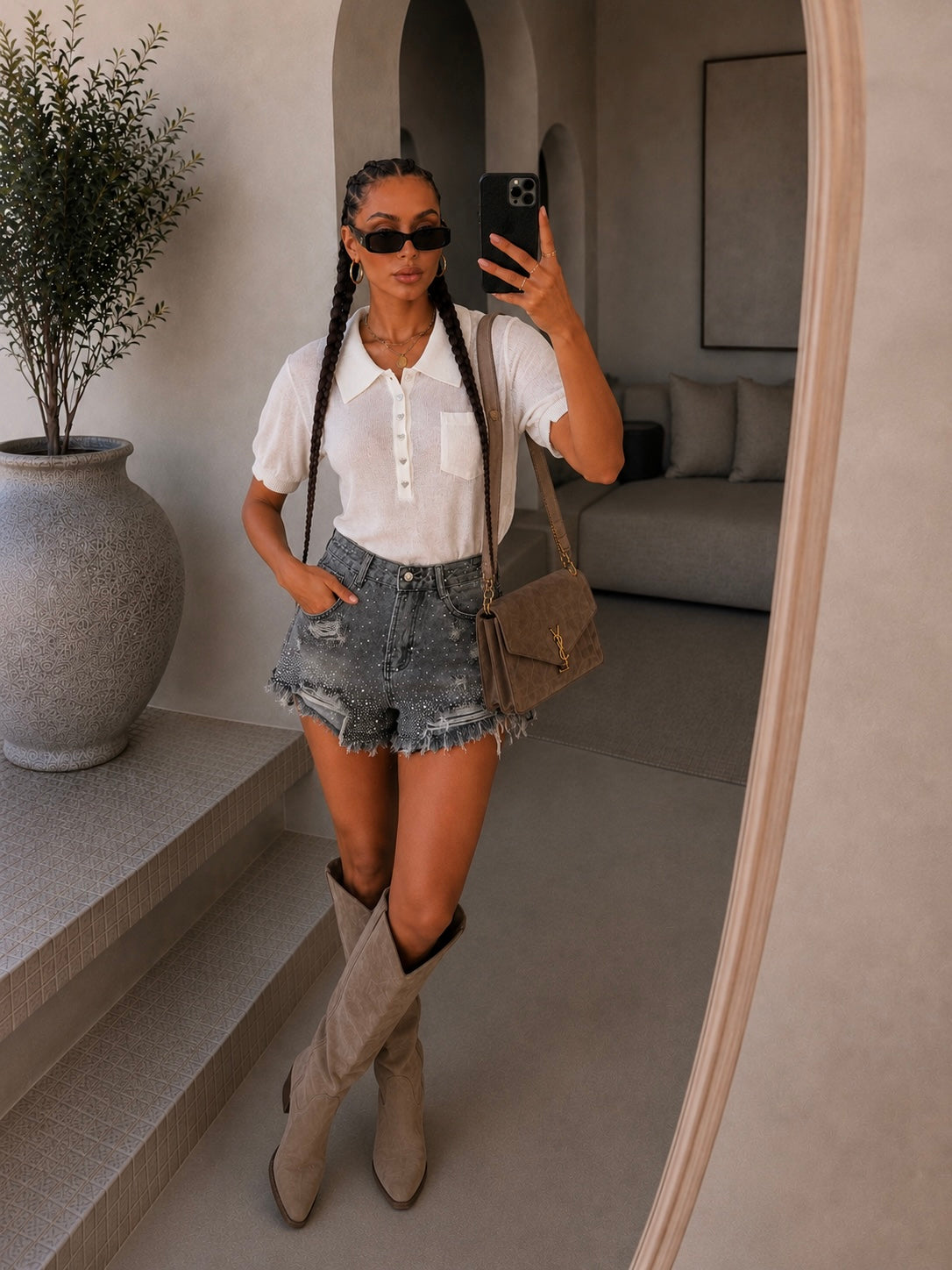 Short jeans grigio con strass