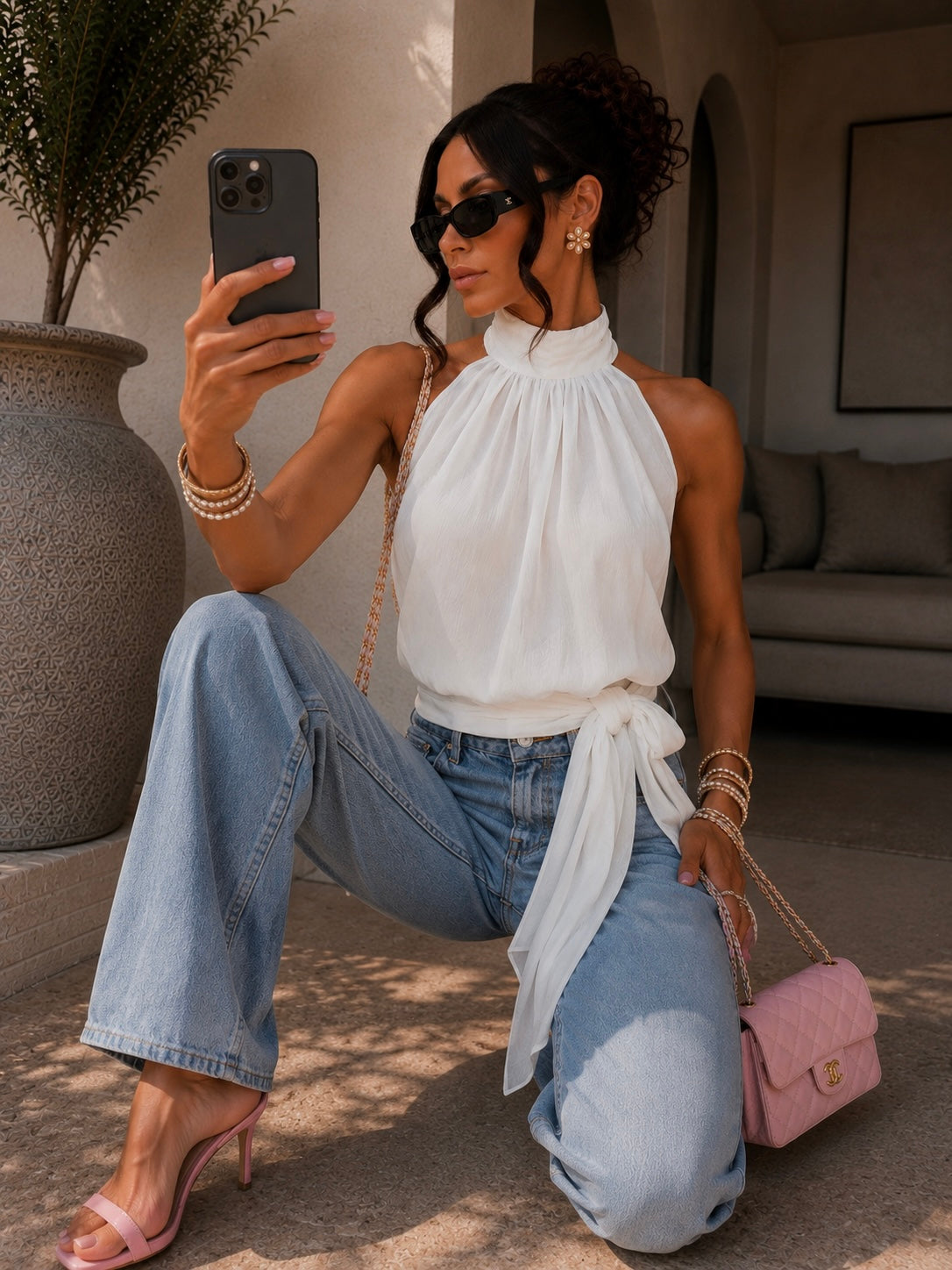 Top halter donna effetto chiffon