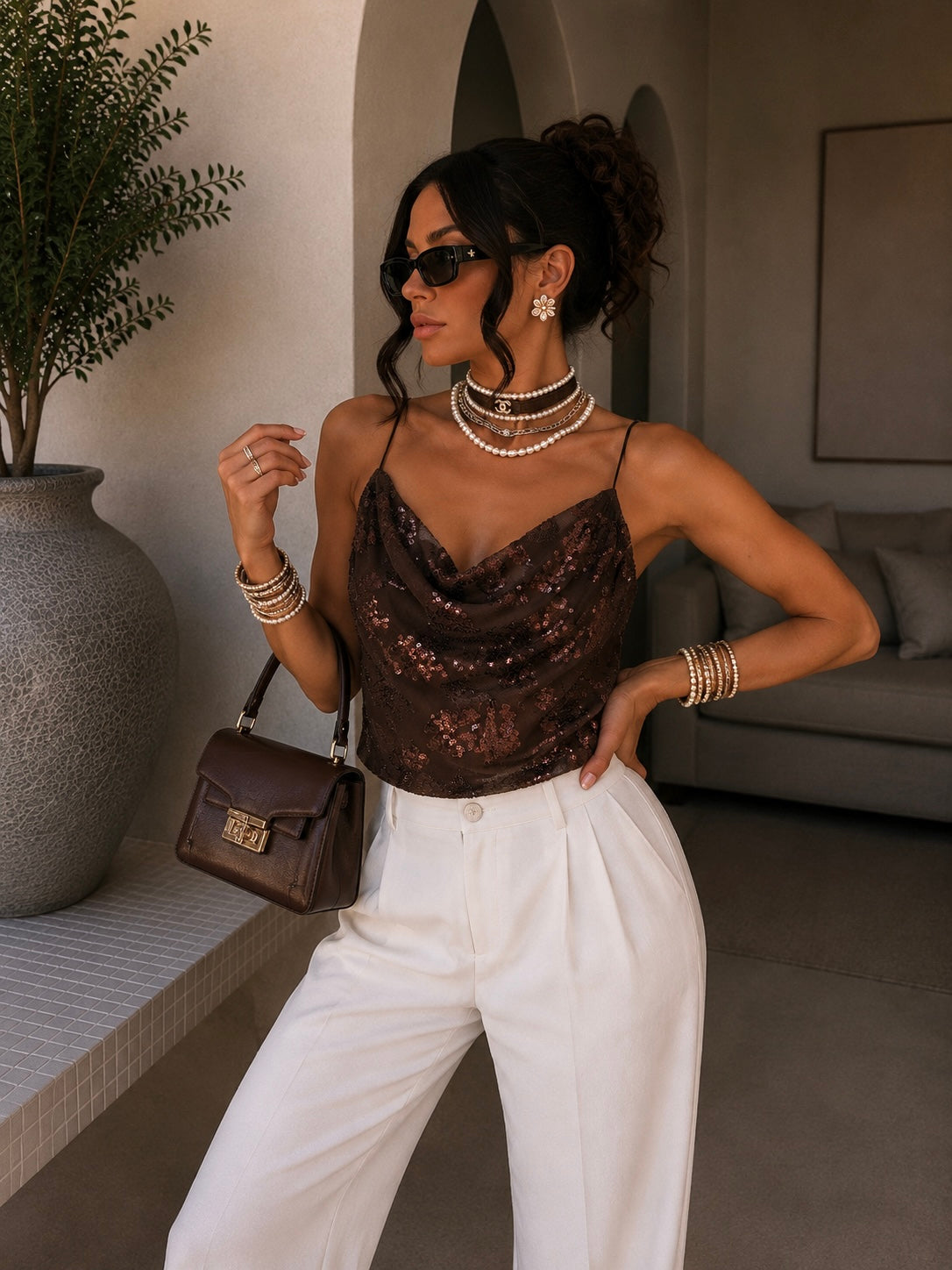 Top paillettes drappeggiato con spalline