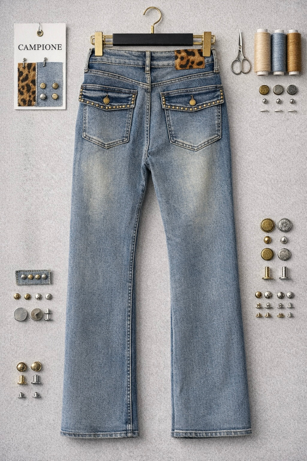 Jeans con borchie e dettaglio maculato sul retro