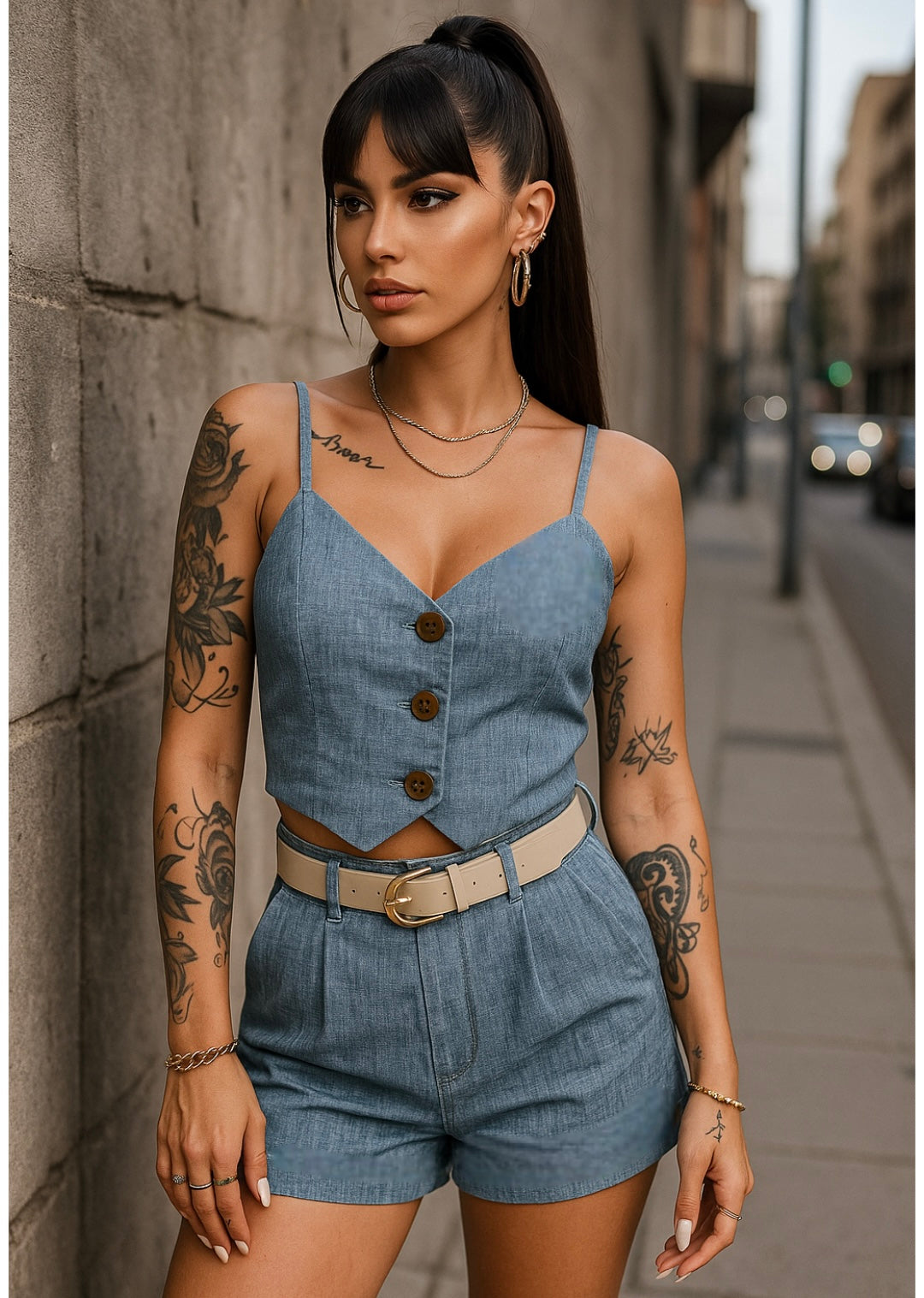 Completo top e short con cintura color jeans