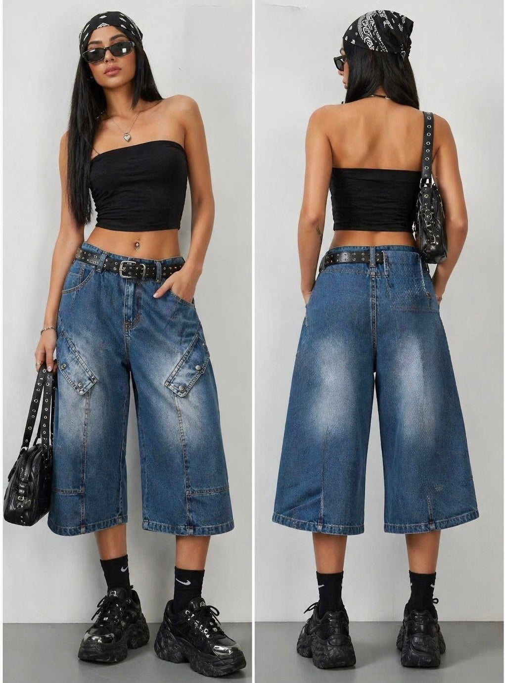 Bermuda Denim Cargo “Street Icon” con Cintura Borchiata