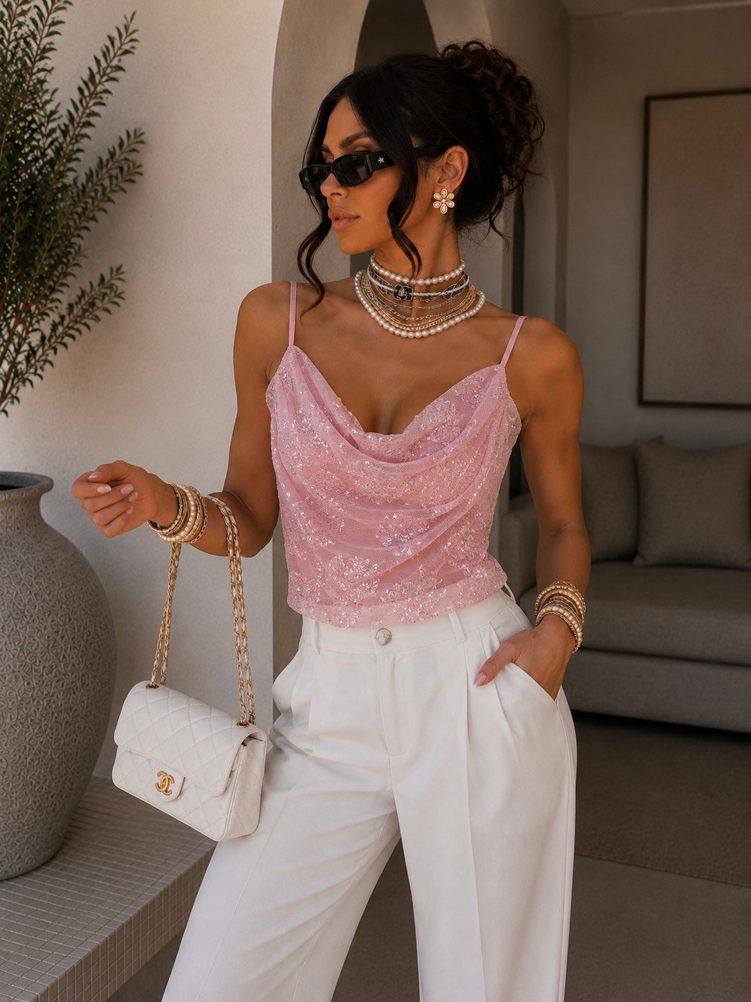 Top paillettes drappeggiato con spalline