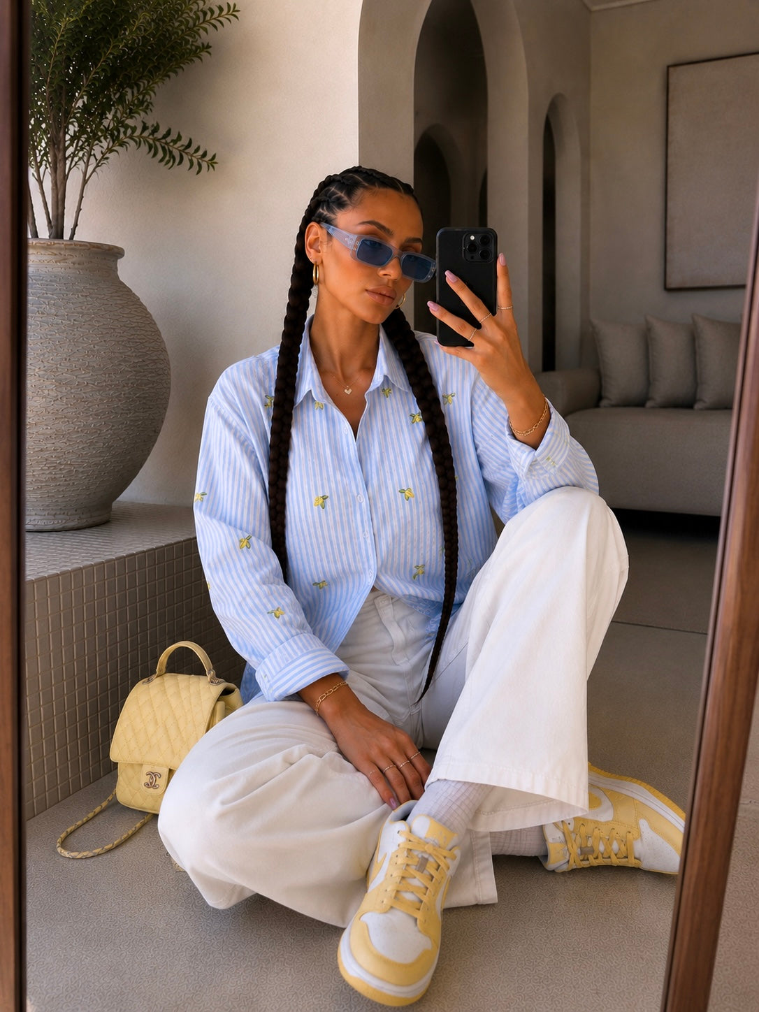 Camicia a Righe Celesti con Limoni Ricamati