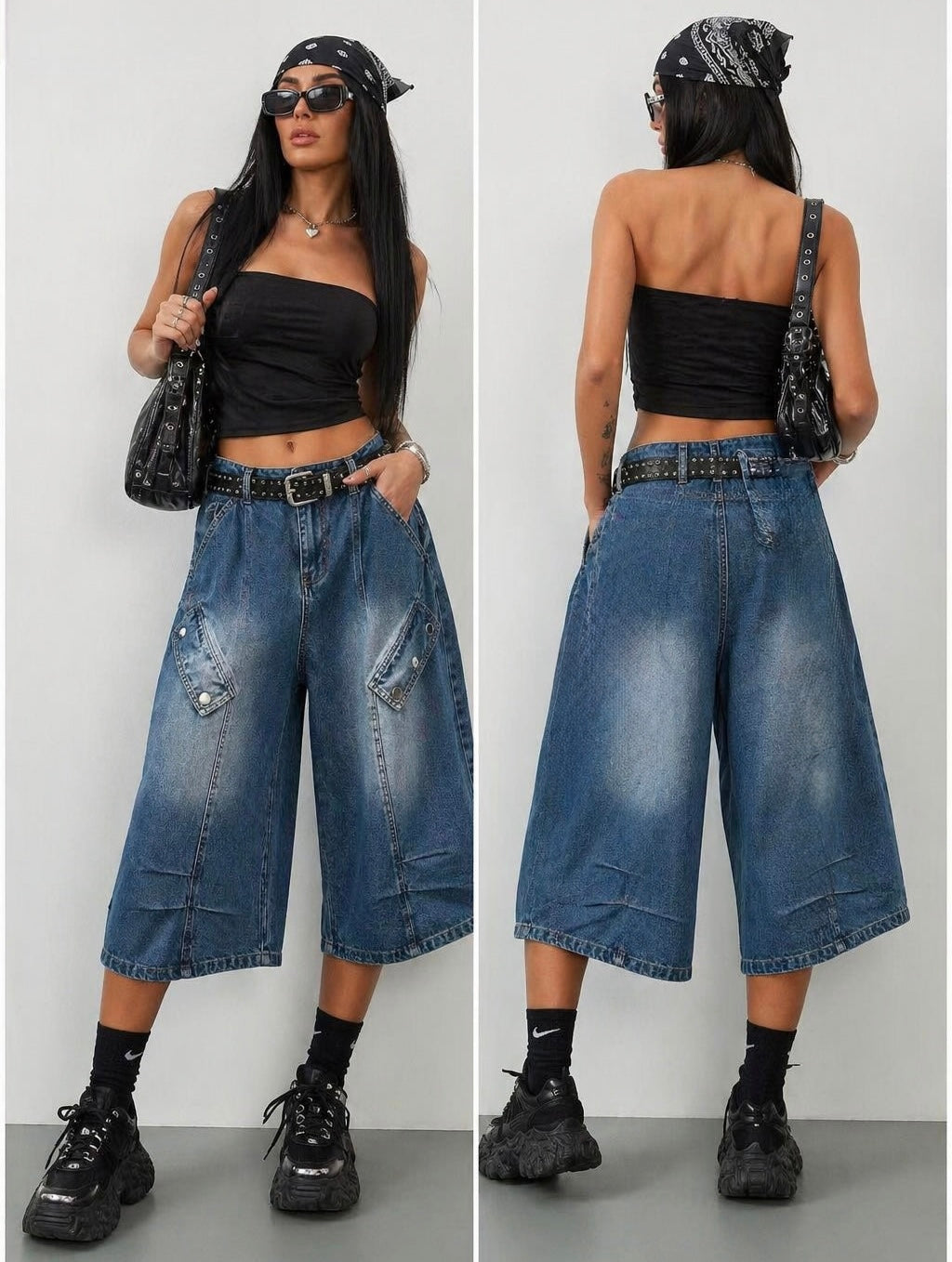Bermuda Denim Cargo “Street Icon” con Cintura Borchiata