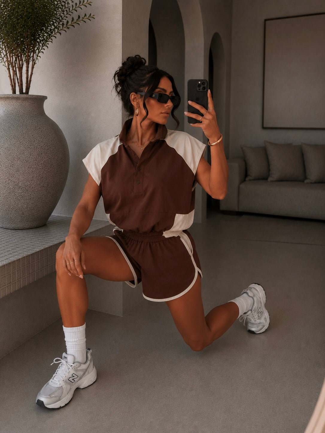 Completo in viscosa bicolor cioccolato e beige