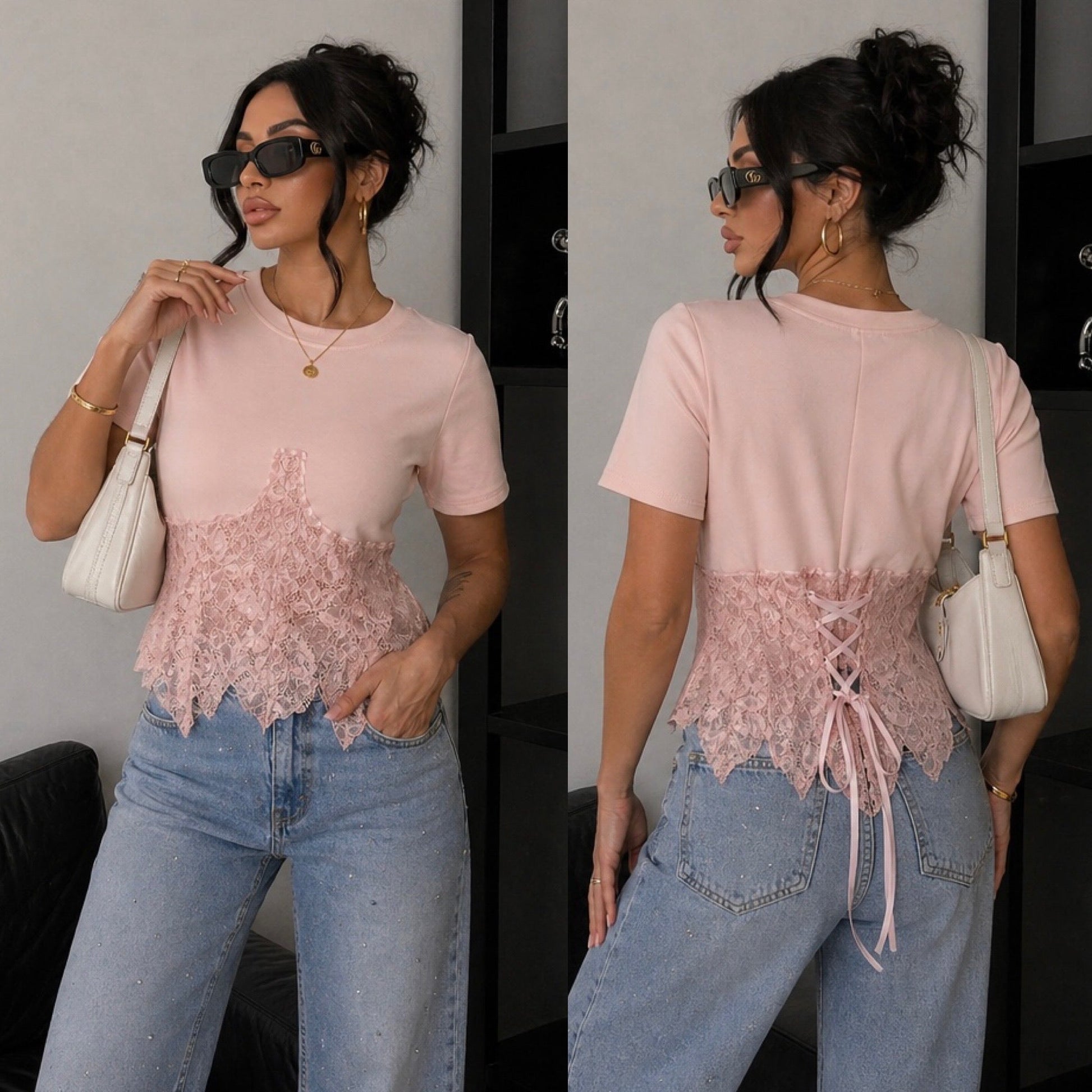 T-Shirt Corsetto con coppe in Pizzo con lacci posteriori